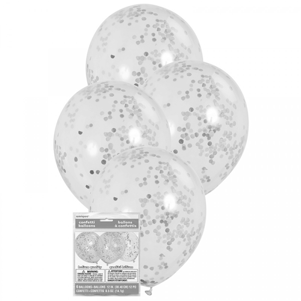 30cm Clear Balloon & Silver Confett 6PK