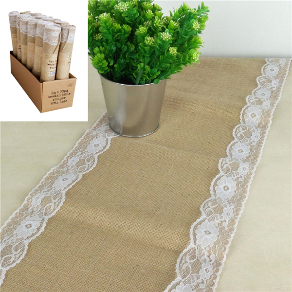 Hessian Table Runner With Lace 30cm X 2M
