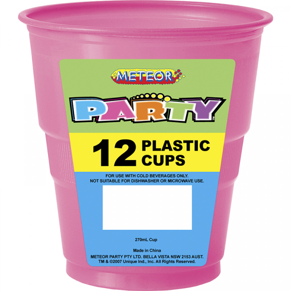 Plastic Cups 270ml Hot Pink 12PK