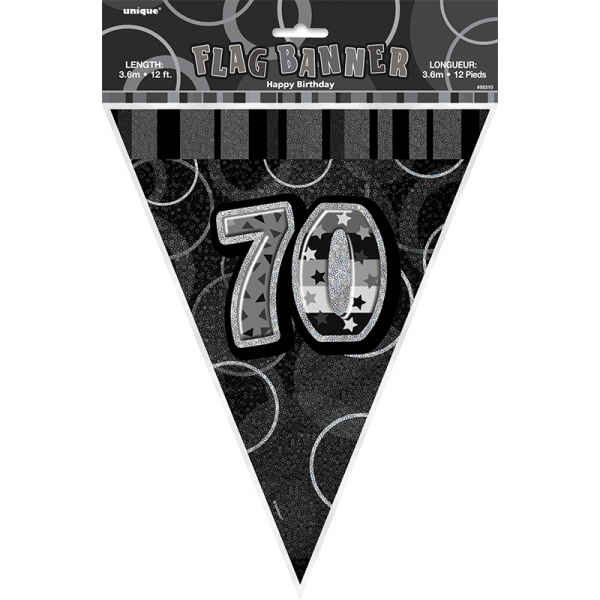 Glitz Birthday Bunting Flag 70th Black Silver 12PK