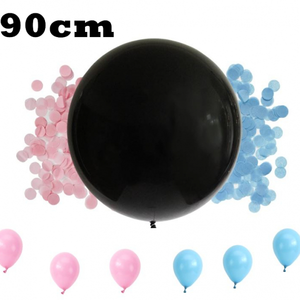 90cm Confetti Gander Reveal Plain Black Balloon with Helium & Weight & Small Balloon