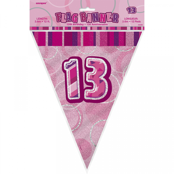 Glitz Birthday Pink Flag Banner 13th 12PK