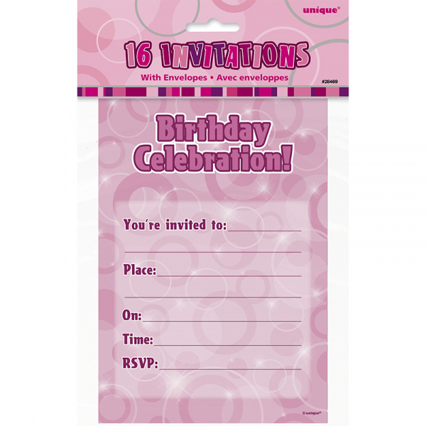 Glitz Birthday Pink Invitations With Envelope 16PK