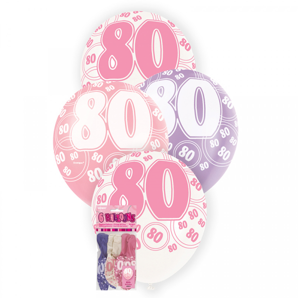 Glitz Birthday Pink Helium Balloons 80th 6PK