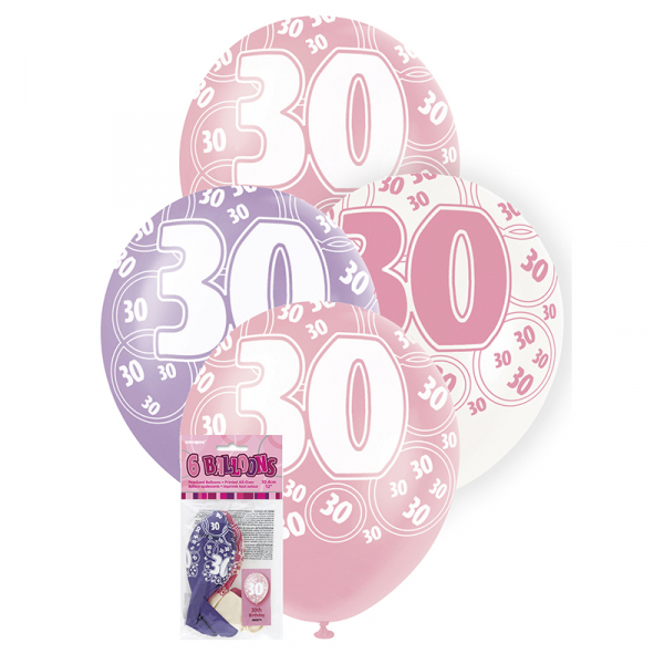 Glitz Birthday Pink Helium Balloons 30th 6PK