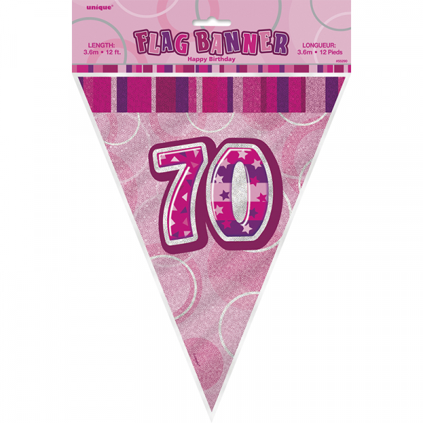 Glitz Birthday Pink Flag Banner 70th 12PK