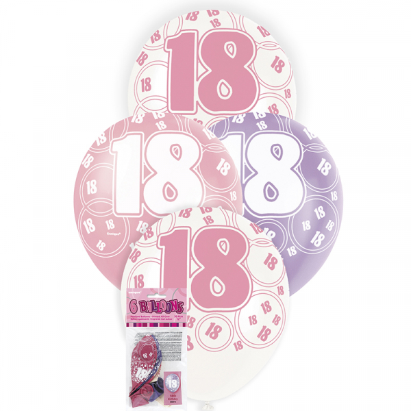 Glitz Birthday Pink Helium Balloons 18th 6PK