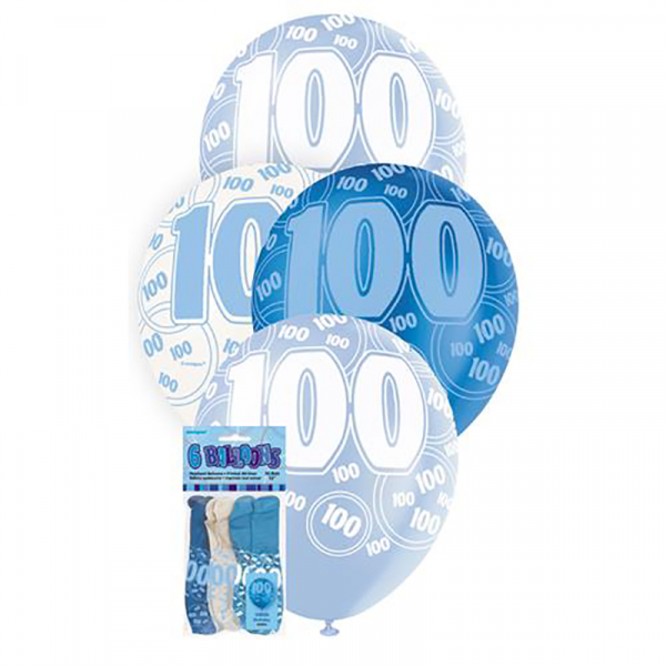 Glitz Birthday Blue Helium Balloons 100th 6PK