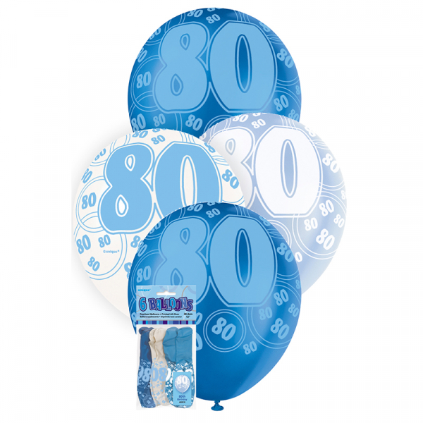 Glitz Birthday Blue Helium Balloons 80th 6PK