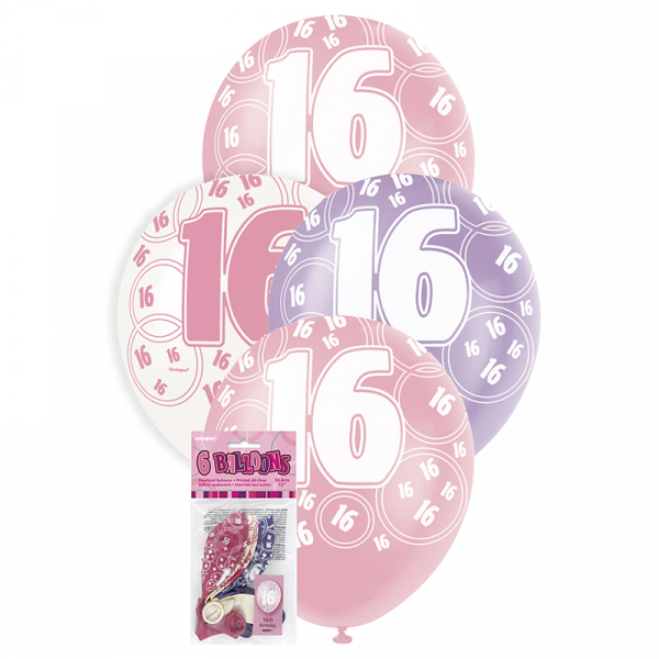 Glitz Birthday Pink Helium Balloons 16th 6PK