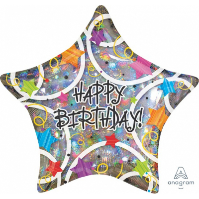 45cm Standard Holographic Star Happy Birthday Foil Balloon Inflated with Helium