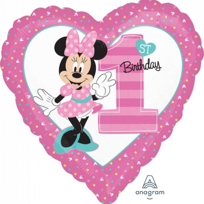 45cm Standard Minnie 1st Birthday Foil Balloon Inflated with Helium