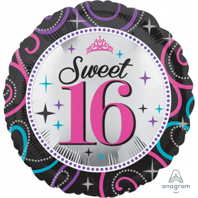 45cm Standard Sweet 16 Sparkle Foil Balloon Inflated with Helium