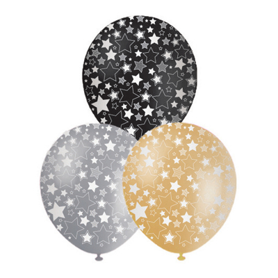 30cm Helium Quality Latex Printed Balloons Gold Silver Black Star 10PK