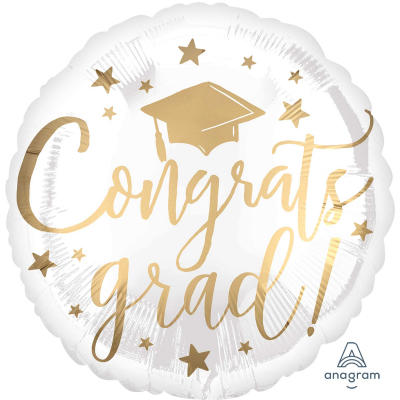 45cm Standard Congrats Grad White & Gold Foil Balloon Inflated with Helium