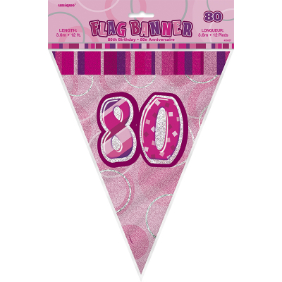 Glitz Birthday Pink Flag Banner 80th 12PK