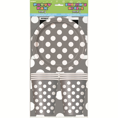 Polka Dots Party Pack Silver Inc Napkin Plates Tablecover Cup 25PK