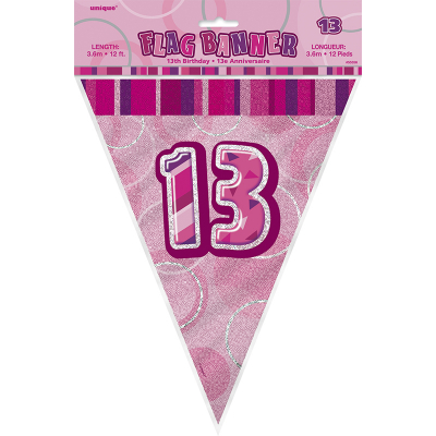 Glitz Birthday Pink Flag Banner 13th 12PK