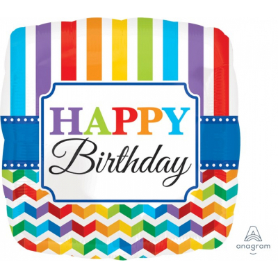 45cm Standard Happy Birthday Bright Stripe & Chevron Foil Balloon Inflated with Helium