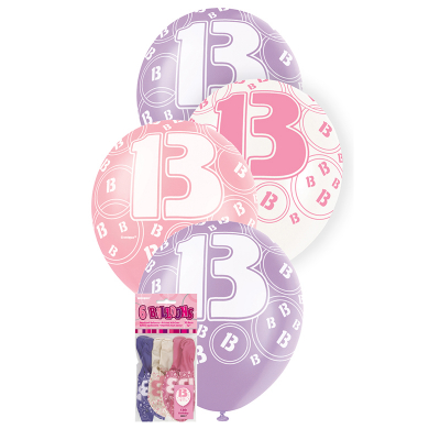 Glitz Birthday Pink Helium Balloons 13th 6PK