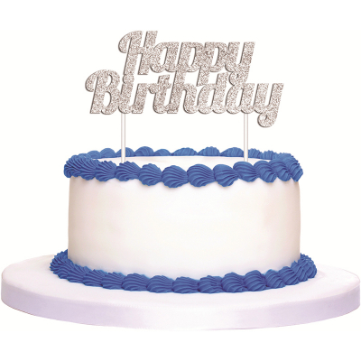 Cake Topper Glitter Happy Birthday Silver