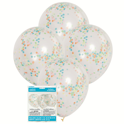 30cm Clear Balloons & Multi Coloured Confetti 6PK