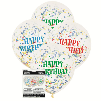 30cm Clear Happy Birthday Balloon Multi Coloured Confetti 6PK