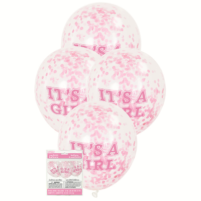 30cm Clear Balloon It's A Girl & Pink Confetti 6PK