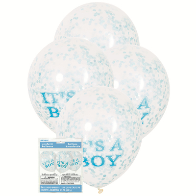 30cm Clear Balloon It's A Boy& Blue Confetti 6PK