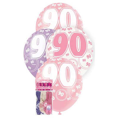 Glitz Birthday Pink Helium Balloons 90th 6PK