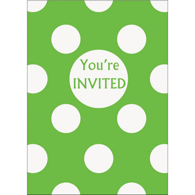 Polka Dots Invitations Lime Green 8PK