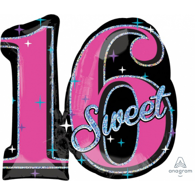 Supershape Holographic Sweet 16 Sparkle Foil Balloon Inflated with Helium