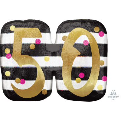Supershape Hologrpahic Pink & Gold Milestone 50th Foil Balloon Inflated with Helium