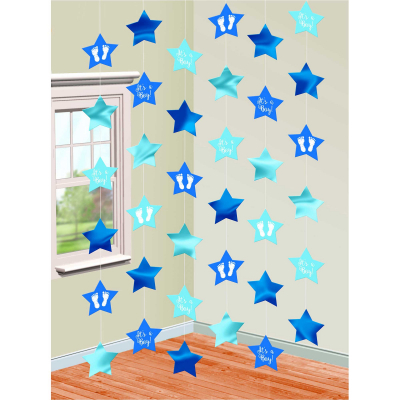 Baby Shower Blue Stars Hanging String Decorations 6PK